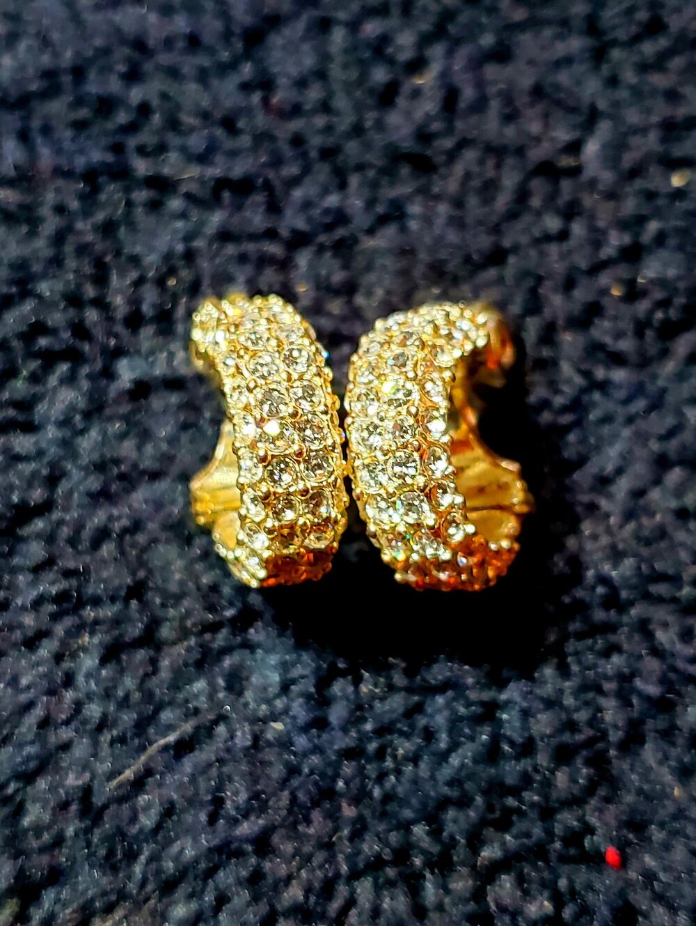 Vintage Signed MONET Gold Tone Pavé Rhinestone Door Knocker Hoop Clip On Earring